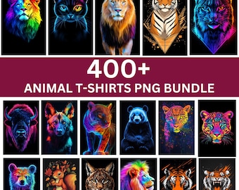 400 種類以上の動物 T シャツ デザイン PNG バンドル、3D ライオン、トラなどの動物グラフィック、デジタル ダウンロード