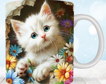 3D Cute Cat Mug Wrap, 11 oz & 15oz Mug Wrap Sublimation Designs, 3D Kitten Hole In A Wall Mug, Cute Cat Mug Press Design