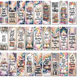 May include: A collection of twenty-seven rectangular bookmarks featuring watercolor illustrations of open books, stacks of books, flowers, clouds, and stars, each with unique inspirational text about reading and books in various fonts.