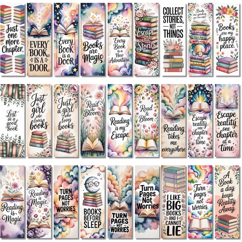 May include: A collection of twenty-seven rectangular bookmarks featuring watercolor illustrations of open books, stacks of books, flowers, clouds, and stars, each with unique inspirational text about reading and books in various fonts.