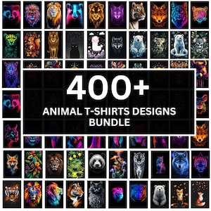 400+ Tier T-Shirt Designs PNG Bundle, 3D Löwe, Tiger und weitere Tiergrafiken, digitaler Download
