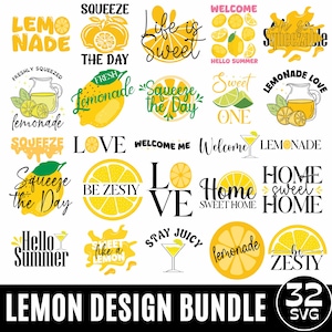 Op de afbeelding: Een verzameling citroen-thema ontwerpen in geel en groen met zinnen als "Lemonade", "Life is Sweet" en "Hello Summer". De ontwerpen omvatten citroenen, citroenschijfjes en limonade kannen. De tekst "Lemon Design Bundle" is ook aanwezig.