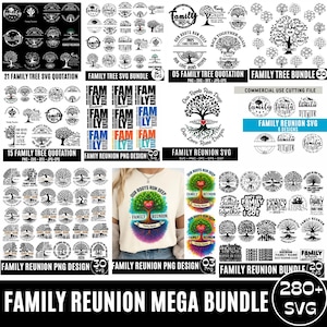 May include: A collection of family reunion-themed SVG designs. The designs include tree illustrations, quotes, and the text "Family Reunion." The designs are available in various formats, including SVG, PNG, and EPS.