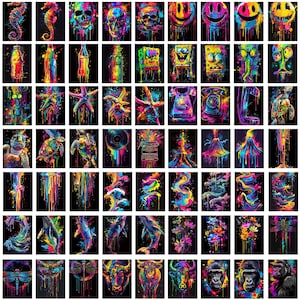 May include: A colorful digital art collage featuring various images, including animals, cartoon characters, and abstract designs. The images are rendered in a vibrant, multi-colored style with a paint-splattered effect.