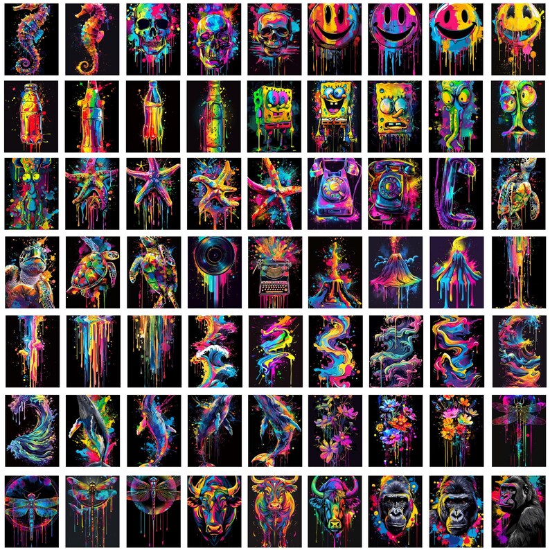 May include: A colorful digital art collage featuring various images, including animals, cartoon characters, and abstract designs. The images are rendered in a vibrant, multi-colored style with a paint-splattered effect.
