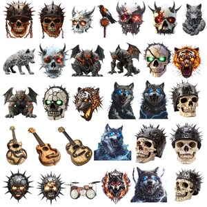 May include: A collection of 30 skull, wolf, and demon themed iron-on patches. The patches are in various colors, including black, white, red, green, and blue. The patches feature detailed designs with intricate details.