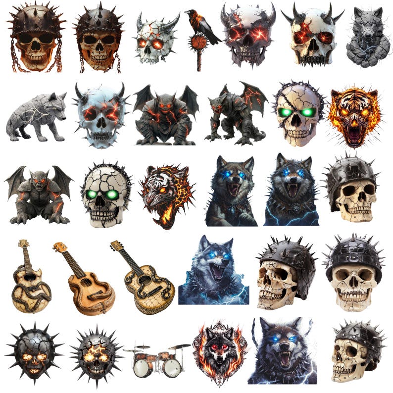 May include: A collection of 30 skull, wolf, and demon themed iron-on patches. The patches are in various colors, including black, white, red, green, and blue. The patches feature detailed designs with intricate details.