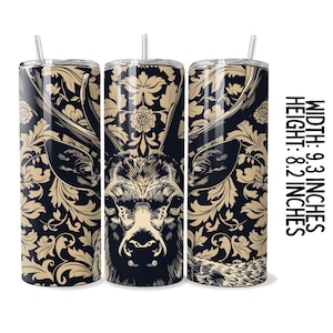 May include: Three stainless steel tumblers with a black and gold floral pattern and a deer head design. The tumblers are 9.3 inches wide and 8.2 inches tall.