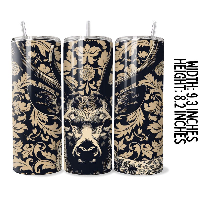 May include: Three stainless steel tumblers with a black and gold floral pattern and a deer head design. The tumblers are 9.3 inches wide and 8.2 inches tall.