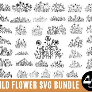 40 flores silvestres svg, buquê svg, floral svg, minimalista svg, natureza svg, moldura floral svg, monograma dividido svg, esboço de flor svg