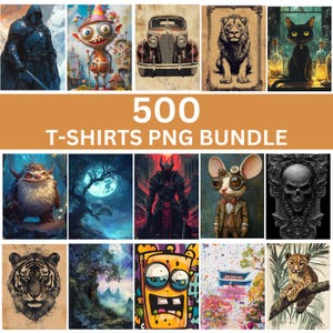 500 T-Shirt Designs Bundle, 3D Cute Cartoon Animals, Vintage Cars, Lions & Colorful Characters Stylish PNG T-Shirts for Kids, Men, and Women