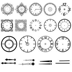 May include: A set of 15 black and white clock face designs, including Roman numeral and Arabic numeral clock faces. The clock faces are in various styles, including ornate, simple, and modern. There are also three clock hands included in the set.