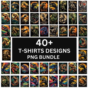 May include: A collection of 40+ colorful T-shirt designs featuring dinosaurs in various poses and settings. The designs are perfect for creating unique and eye-catching apparel.