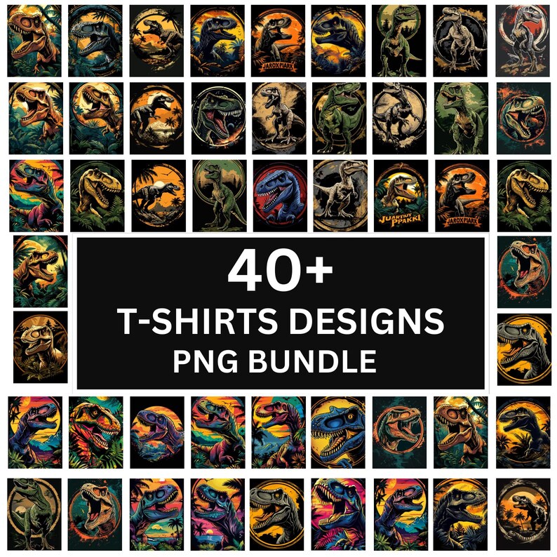 May include: A collection of 40+ colorful T-shirt designs featuring dinosaurs in various poses and settings. The designs are perfect for creating unique and eye-catching apparel.