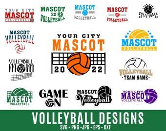 May include: A collection of 10 volleyball design graphics featuring various text and images, including a volleyball net, a volleyball, and the words "Mascot Volleyball". The graphics are in black, white, red, blue, green, and yellow.