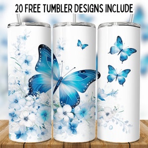 3D Blue Flower Butterfly 20oz Tumbler Wrap PNG, Design de sublimação de borboleta png, Copo de borboleta sem costura Png, Envoltório de copo reto png,