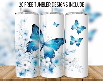3D Blue Flower Butterfly 20oz Tumbler Wrap PNG, Butterfly Sublimation Design png, Seamless Butterfly Tumbler Png,Straight Tumbler Wrap png,
