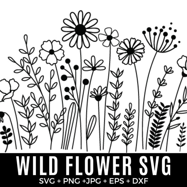 Bundle de fleurs sauvages Svg, bordure de prairie de fleurs Svg, bordure de fleurs SVG, bouquet de fleurs minimaliste, clipart fleurs sauvages