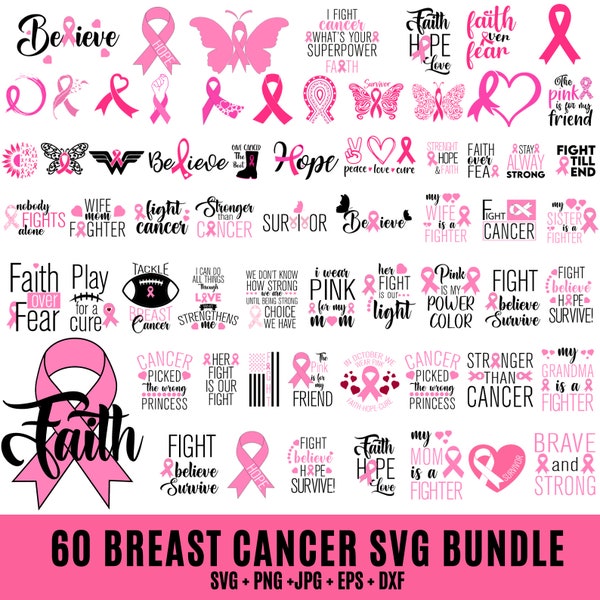 60 Breast Cancer SVG Bundle, Pink Awareness ribbon Svg,Cancer Awareness svg,  Fight Cancer Svg, Cancer Quote Svg,tackle cancer svg