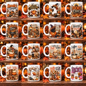 May include: A collection of sixteen white ceramic mugs, each featuring a unique Halloween-themed graphic print including pumpkins, ghosts, witches, and autumn foliage, with various festive phrases like Spooky Season and Hocus Pocus.