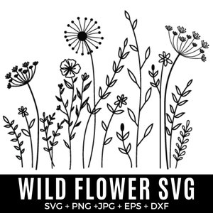 Wildflower Bundle Svg, bordo prato fiorito Svg, bordo fiorito SVG, bouquet di fiori minimalista, clipart fiori selvatici