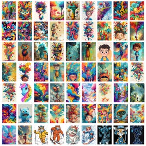 May include: A digital collage of 64 colorful, whimsical illustrations. Each illustration features a unique character or scene with vibrant colors and intricate details. The illustrations are arranged in a grid pattern, creating a visually stimulating and playful design.