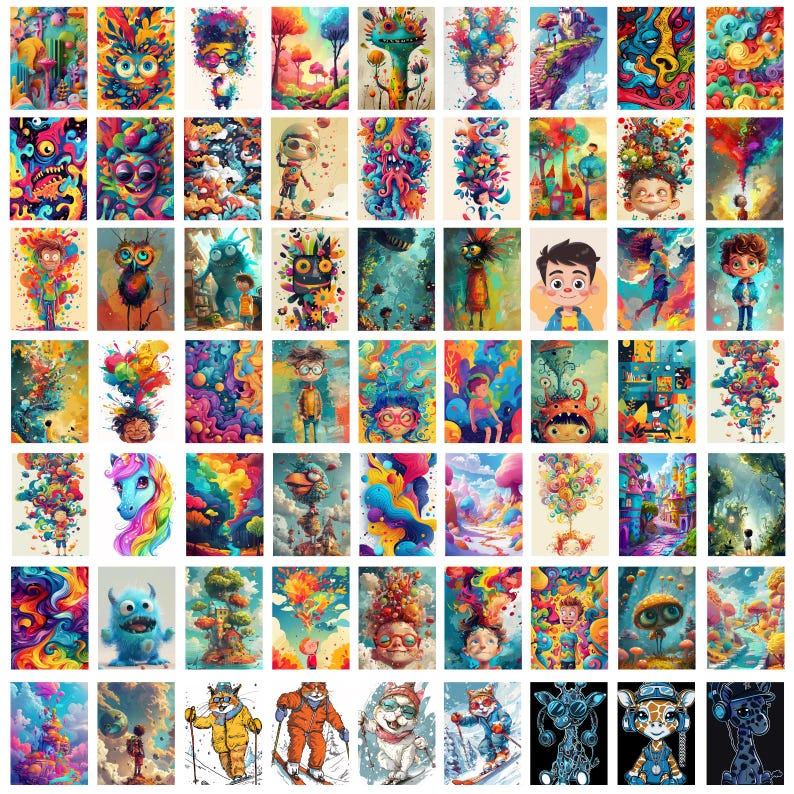 May include: A digital collage of 64 colorful, whimsical illustrations. Each illustration features a unique character or scene with vibrant colors and intricate details. The illustrations are arranged in a grid pattern, creating a visually stimulating and playful design.
