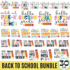 May include: A set of 30 colourful SVG cut files for back to school. The designs feature pencils, apples, and text that says "Hello Kindergarten", "Hello First Grade", "Hello Second Grade", "Hello Third Grade", "Hello Fourth Grade", "Hello Fifth Grade", "Little Miss Kindergarten", "Little Miss First Grade", "Little Miss Second Grade", "Little Miss Third Grade", "Little Miss Fourth Grade", "Little Miss Fifth Grade", "Watch Out Pre-K Here I Come", "Head Start", "Little Miss PKR-S Cutie", "Little Miss PKR-S Cutie".