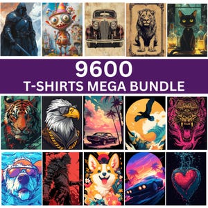 9600 T-shirts ontwerpen megabundel, 3D schattige kat, leeuw en meer T-shirts, png, kleurrijke, stijlvolle ontwerpen voor kinderen, mannen en vrouwen, uniek design