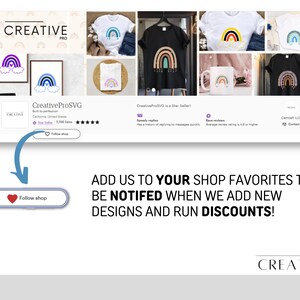 Puede incluir: Una captura de pantalla de una tienda Etsy que ofrece dise&ntilde;os SVG con tem&aacute;tica de arco&iacute;ris. La tienda ofrece una variedad de productos, incluyendo camisetas, tazas y descargas digitales. La tienda se llama "CreativeProSVG" y tiene una calificaci&oacute;n de cinco estrellas. El texto "ADD US TO YOUR SHOP FAVORITES TO BE NOTIFIED WHEN WE ADD NEW DESIGNS AND RUN DISCOUNTS!" se muestra en negrita.