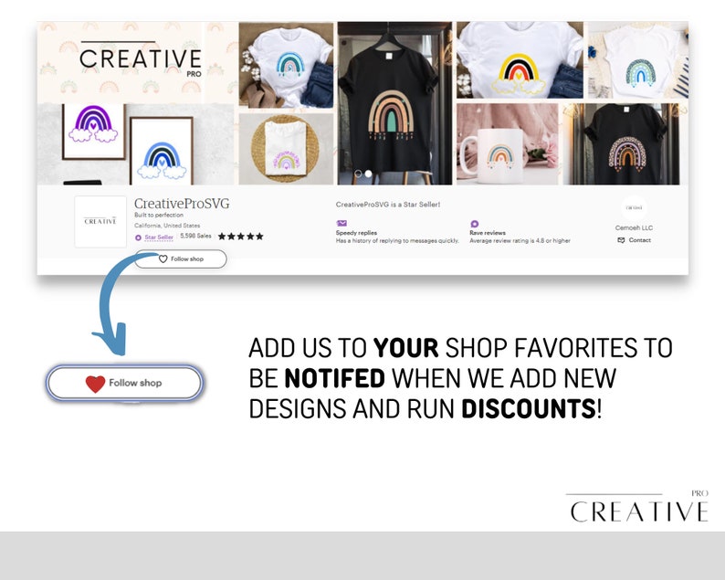 Puede incluir: Una captura de pantalla de una tienda Etsy que ofrece dise&ntilde;os SVG con tem&aacute;tica de arco&iacute;ris. La tienda ofrece una variedad de productos, incluyendo camisetas, tazas y descargas digitales. La tienda se llama "CreativeProSVG" y tiene una calificaci&oacute;n de cinco estrellas. El texto "ADD US TO YOUR SHOP FAVORITES TO BE NOTIFIED WHEN WE ADD NEW DESIGNS AND RUN DISCOUNTS!" se muestra en negrita.