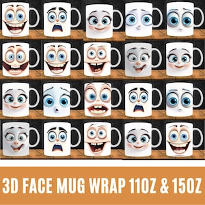 3D Zabawny Sarkastyczny Kubek, 3D Zabawne Twarze Kubek Wrap Bundle, 11 oz i 15 oz Kubek Pakiet Sublimacja, Zabawne Twarze z Kreskówek Kubek Png, Pobieranie Cyfrowe