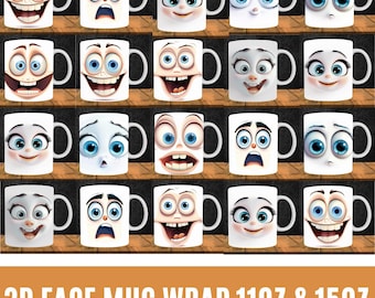 3D Funny Sarcastic Mug, 3D Funny Faces Mug Wrap Bundle, 11 oz & 15 oz Mug Bundle Sublimation, Funny Cartoon Faces Mug Png, Digital Download