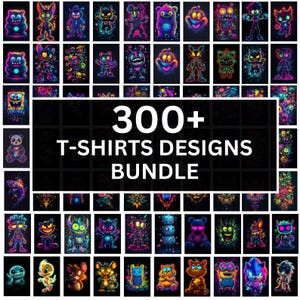Paquete de más de 300 camisetas PNG con personajes de dibujos animados con brillo neón y diseños divertidos. Camisetas para hombre, mujer y niño. Descarga digital.