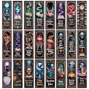 May include: A collection of fantasy-themed bookmarks with gothic illustrations. Each bookmark features unique artwork, including skulls, owls, books, and mystical elements. Text on the bookmarks includes phrases like "Books are my escape" and "Reading is my superpower."