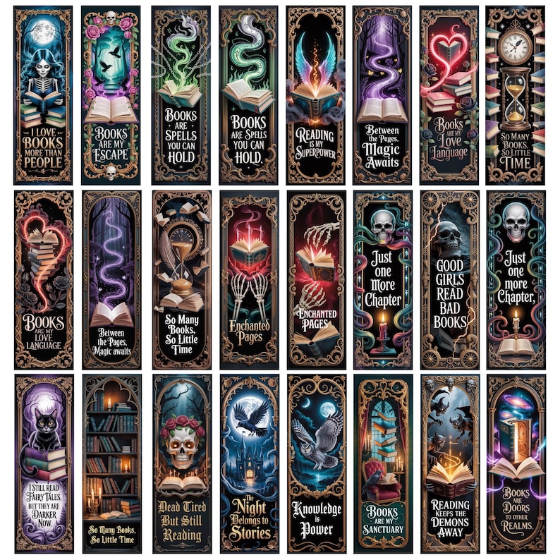 May include: A collection of fantasy-themed bookmarks with gothic illustrations. Each bookmark features unique artwork, including skulls, owls, books, and mystical elements. Text on the bookmarks includes phrases like "Books are my escape" and "Reading is my superpower."