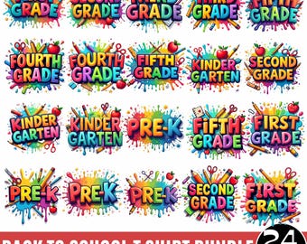 24 Back to School Shirt PNG, Grade Level Shirt Bundle, First Day Of School, Colorful School PNG Files, Kids Grade T-shirt PNG