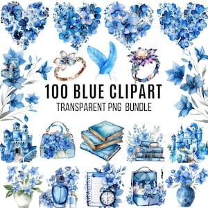 May include: A set of 100 blue watercolor clipart images, including flowers, jewelry, books, castles, and other decorative elements.  The images are transparent PNG files and are perfect for digital scrapbooking, card making, and other creative projects.