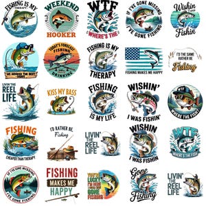 May include: A collection of fishing-themed graphic designs. Each design features illustrations of fish, fishing rods, and related elements, with phrases like "Fishing is my therapy" and "Weekend Hooker". The designs are in various colors and styles.