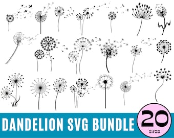 Paquete SVG de diente de león, EPS de diente de león, Dientes de león, Mariposa diente de león SVG, Flor SVG, Dibujado a mano, Descarga digital