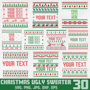 May include: A set of 30 Christmas ugly sweater designs featuring various patterns, including reindeer, snowflakes, trees, and bears. The designs are in red, green, and white colors. The text "YOUR TEXT" appears in several of the designs.