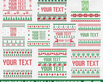 May include: A set of 30 Christmas ugly sweater designs featuring various patterns, including reindeer, snowflakes, trees, and bears. The designs are in red, green, and white colors. The text "YOUR TEXT" appears in several of the designs.