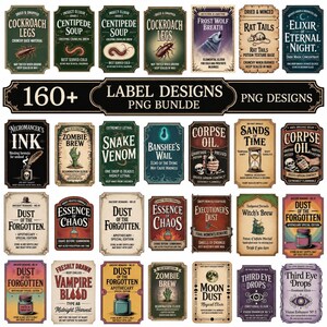 May include: A collection of 160+ digital potion label designs in a PNG bundle, featuring various gothic and fantasy-themed graphics with text such as Cockroach Legs, Zombie Brew, Snake Venom, Corpse Oil, and Dust of the Forgotten.