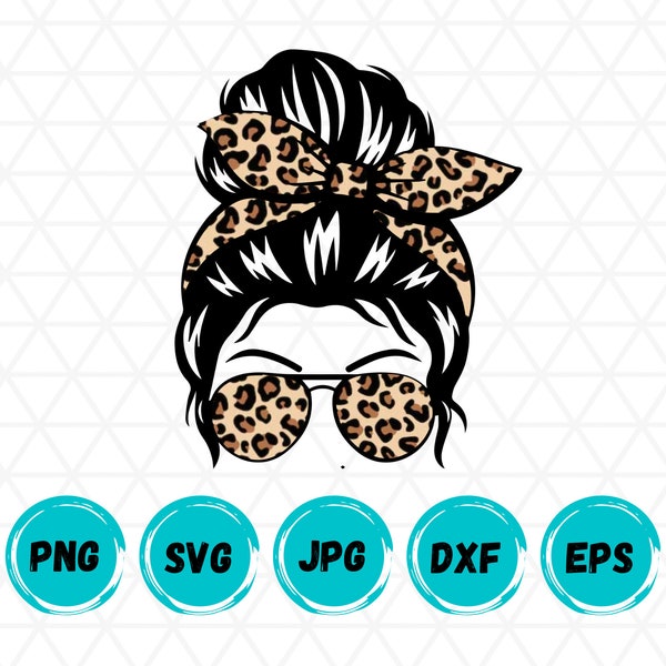 Leopard Messy Bun SVG, Mom Life SVG, Leopard Messy Bun Haar svg, Messy Bun Schädel svg, Messy Bun Cut File Cricut, Silhouette, Dxf, svg