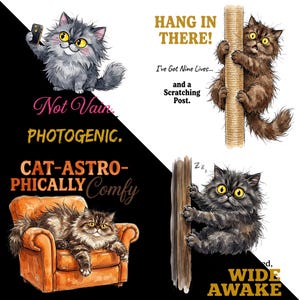 May include: A collage of four illustrations featuring fluffy cats with large yellow eyes. One cat takes a selfie, another clings to a scratching post, one rests on an orange armchair, and one grips a wooden post. Text includes Not Vain. PHOTOGENIC., HANG IN THERE! I've Got Nine Lives... and a Scratching Post., CAT-ASTROPHICALLY Comfy, and WIDE AWAKE.