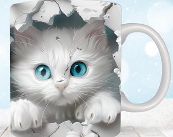 3D Kitten Hole In A Wall Mug, 3D Cute Cat Mug Wrap, 11 oz & 15oz Mug Wrap Sublimation Designs, Cute Cat Mug Press Design