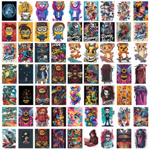 May include: A collection of 100 colorful digital illustrations featuring various characters, animals, and abstract designs. The illustrations are in a variety of styles, including cartoon, anime, and psychedelic.