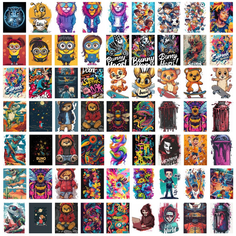 May include: A collection of 100 colorful digital illustrations featuring various characters, animals, and abstract designs. The illustrations are in a variety of styles, including cartoon, anime, and psychedelic.