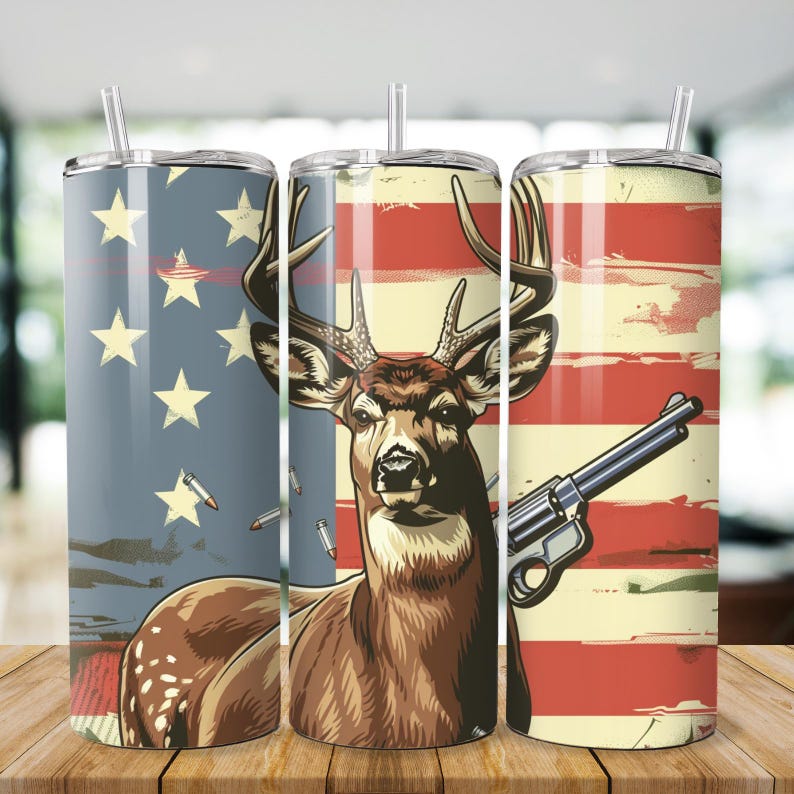 May include: Three stainless steel tumblers with a red, white, and blue American flag design. The center tumbler features a cartoon illustration of a deer with antlers. The deer is standing in front of a gun.