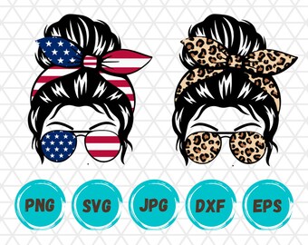 Peut inclure: Deux illustrations numériques d'une femme avec une coiffure en chignon désordonné portant des lunettes de soleil. La femme de gauche porte un bandana rouge, blanc et bleu avec des étoiles et des rayures. La femme de droite porte un bandana léopard brun et beige. Les deux femmes portent des lunettes de soleil avec le même motif que leur bandana.